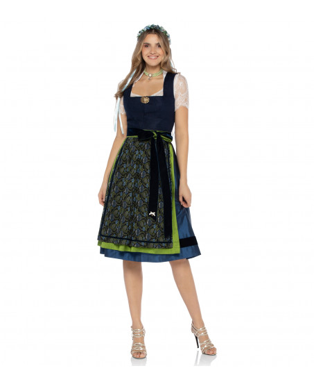 Alpenherz Dirndl in Jeansblau mit floraler Jacquardschürze & schwarzer Samtschleife – als Freisteller bei Dresscoded.com