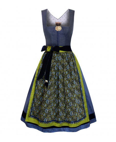 Alpenherz Dirndl in Jeansblau mit floraler Jacquardschürze & schwarzer Samtschleife – als Freisteller bei Dresscoded.com