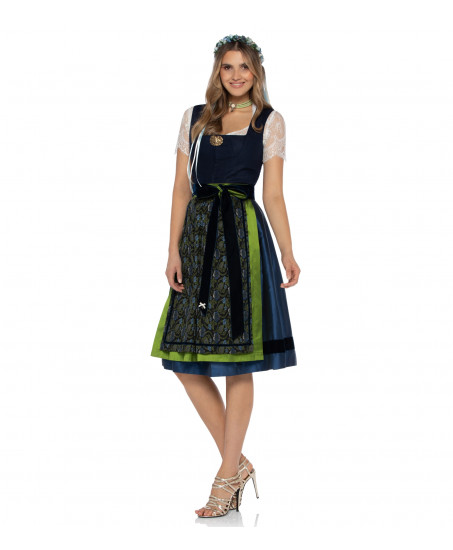 Alpenherz Dirndl in Jeansblau mit floraler Jacquardschürze & schwarzer Samtschleife – als Freisteller bei Dresscoded.com