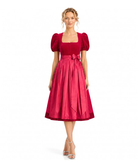 Alpenherz Samtdirndl Mona in Rot mit Puffarm – Freisteller Vorderseite– bei Dresscoded leihen