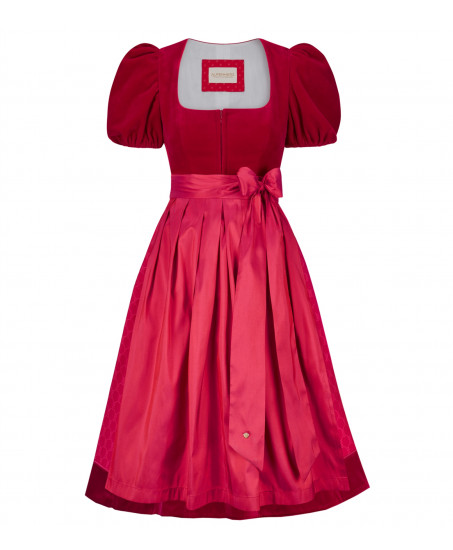 Alpenherz Samtdirndl Mona in Rot mit Puffarm – Freisteller Vorderseite– bei Dresscoded leihen