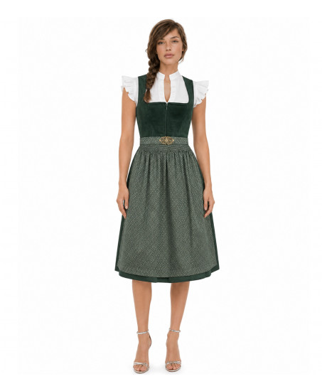 Krüger Dirndl Alisha in Grün Samtmieder mit gemusterter Schürze – jetzt bei Dresscoded leihen für Wiesn & Hochzeit.