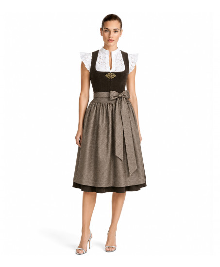 Krüger Dirndl Freisteller Cari braun Samtmieder mit gemusterter Schürze – jetzt bei Dresscoded leihen für Wiesn & Hochzeit.