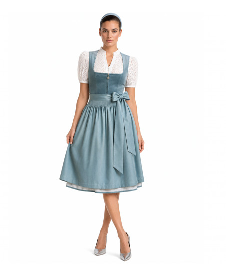 Krüger Samtdirndl Yalara in Blau mit gemusterter Schürze, Freisteller Vorderseite