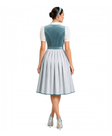Krüger Samtdirndl Yalara in Blau mit gemusterter Schürze, Freisteller Vorderseite