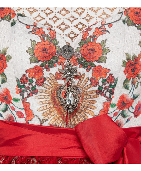  Dirndl mit Blumen in Weiss/Rot