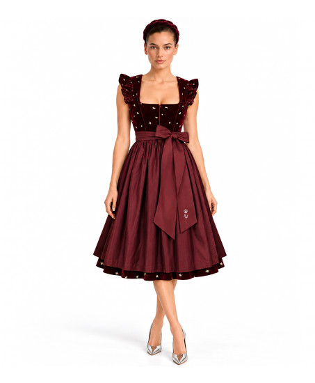 Astrid Söll Samtdirndl in Bordeaux mit filigranem Print, Freisteller Vorderseite
