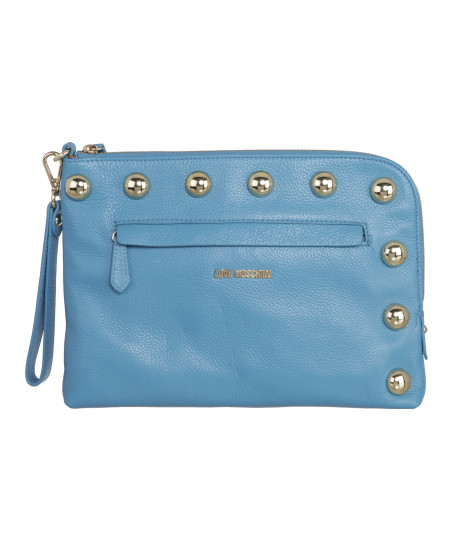 Lederclutch mit goldenen Nieten in Hellblau