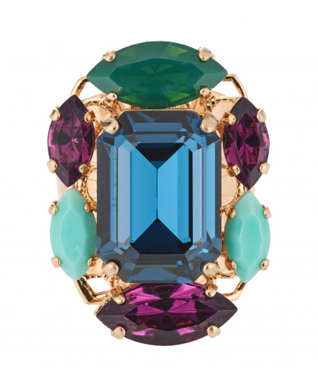 Frontansicht- Ring von Philippe Ferrandis mit großem blauem Zentralkristall und facettierten Multicolor-Kristallen.