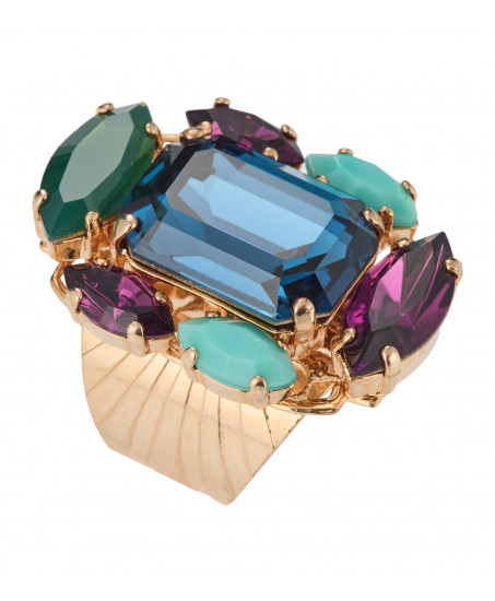 Frontansicht- Ring von Philippe Ferrandis mit großem blauem Zentralkristall und facettierten Multicolor-Kristallen.