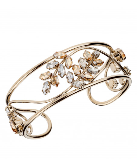 Frontansicht: Philippe Ferrandis Armreif in Gold mit funkelnden Kristallen im eleganten Blätterdesign