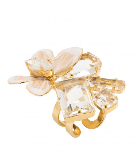 Frontansicht-Eleganter Philippe Ferrandis Ring mit schimmernden klaren Kristallen und filigranem Schmetterlingsmotiv.