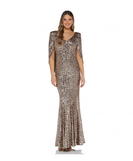 Freisteller- Natascha Gruen Pailletten-Maxikleid in Gold-Braun mit V-Ausschnitt.