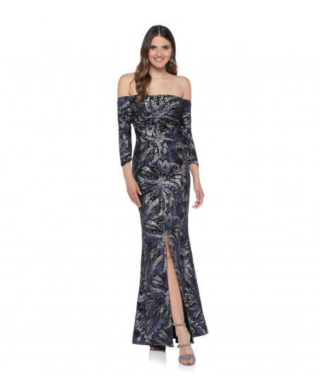 Carmenkleid mit blau-schwarzem Blumenprint