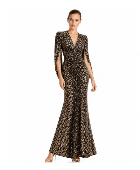 Freisteller vorne- Paillettenkleid Natascha Gruen mit tiefem V-Ausschnitt und eleganter Drapierung in Schwarz-Bronze
