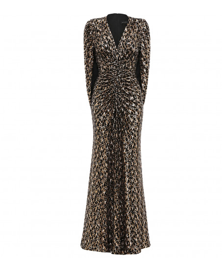 Freisteller vorne- Paillettenkleid Natascha Gruen mit tiefem V-Ausschnitt und eleganter Drapierung in Schwarz-Bronze