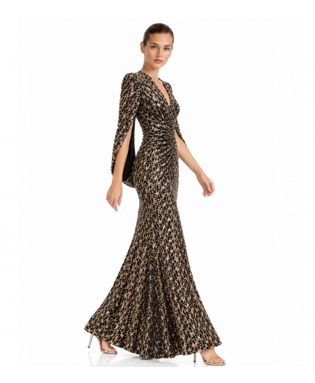 Freisteller vorne- Paillettenkleid Natascha Gruen mit tiefem V-Ausschnitt und eleganter Drapierung in Schwarz-Bronze