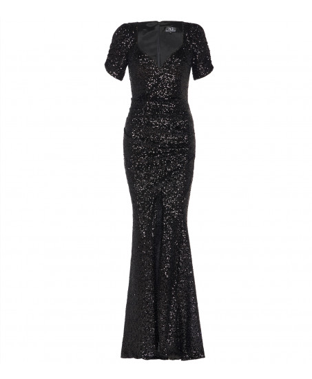 Freisteller-Schwarzes Paillettenkleid von Natascha Gruen mit Herz-Ausschnitt und hohem Schlitz