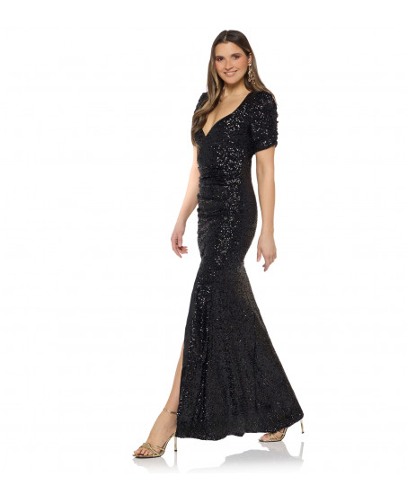 Freisteller-Schwarzes Paillettenkleid von Natascha Gruen mit Herz-Ausschnitt und hohem Schlitz