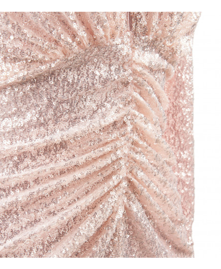 Freisteller: Bodenlanges rosé Paillettenkleid mit tiefem V-Ausschnitt und Beinschlitz