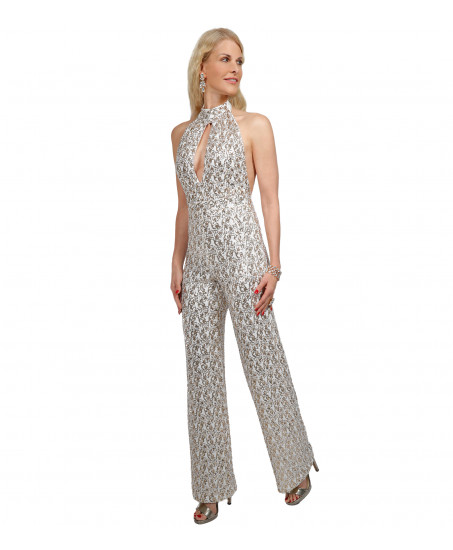 Vorderansicht Freisteller: Champagner-Gold Pailletten-Jumpsuit von Natascha Gruen mit elegantem Neckholder-Abschluss.