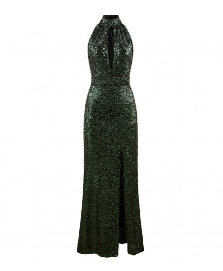 Freisteller-Natascha Gruen Neckholder Dress mit Cut-Out figurbetonter Silhouette & Beinschlitz in Gruen.
