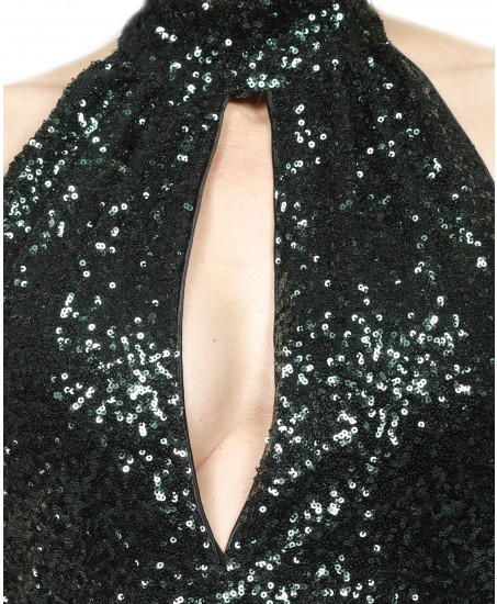 Vorderansicht- Natascha Gruen Neckholder Dress mit Cut-Out figurbetonter Silhouette & Beinschlitz in Gruen.