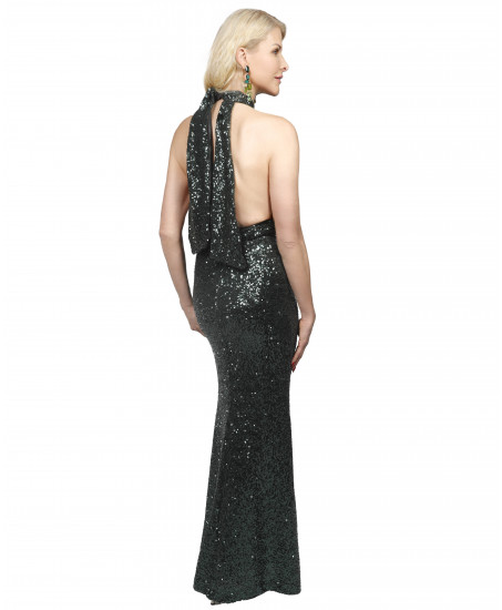 Freisteller-Natascha Gruen Neckholder Dress mit Cut-Out figurbetonter Silhouette & Beinschlitz in Gruen.