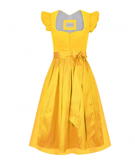 Alpenherz Dirndl Ina Gelb – Vorderansicht mit schicker Seidenschürze & Flügelarm
