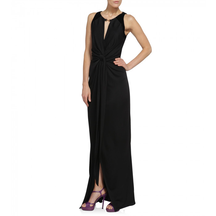 Schulterfreies Abendkleid mit Samteinsätzen