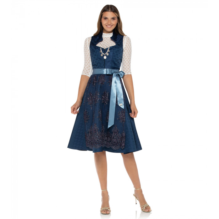 Seidendirndl Annabell in Blau mit Ornamenten