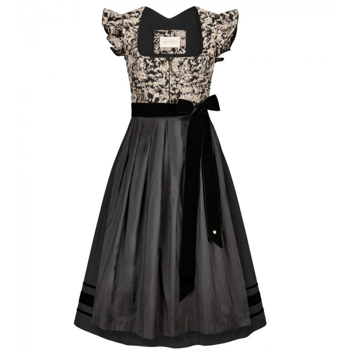 Freisteller Frontansicht- Alpenherz Dirndl Maren mit Flügelarm in Schwarz-Beige