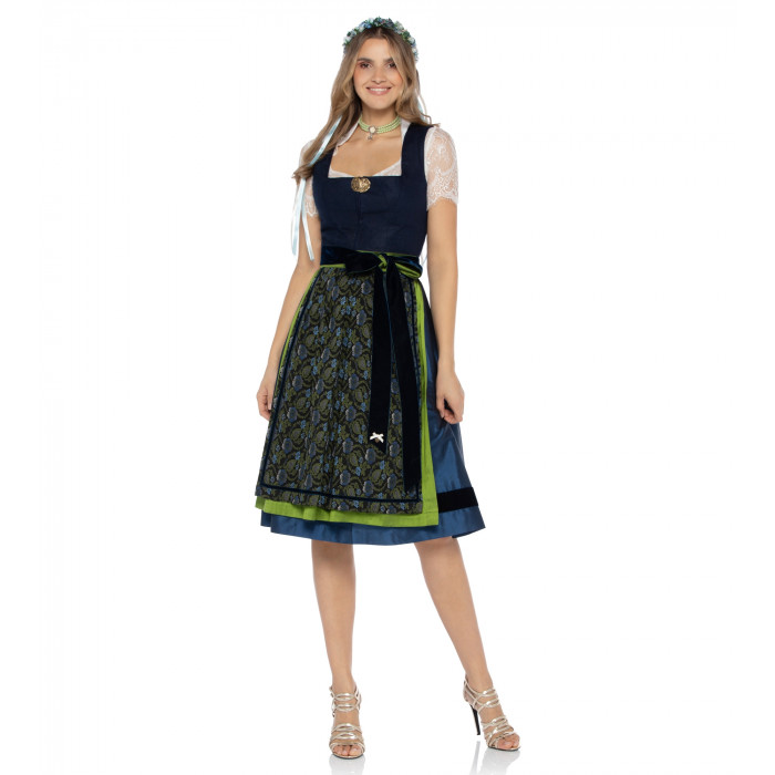 Alpenherz Dirndl in Jeansblau mit floraler Jacquardschürze & schwarzer Samtschleife – als Freisteller bei Dresscoded.com