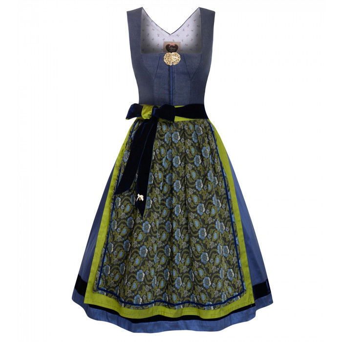 Alpenherz Dirndl in Jeansblau mit floraler Jacquardschürze & schwarzer Samtschleife – als Freisteller bei Dresscoded.com