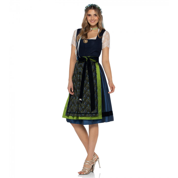 Alpenherz Dirndl in Jeansblau mit floraler Jacquardschürze & schwarzer Samtschleife – als Freisteller bei Dresscoded.com