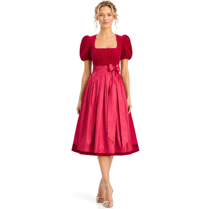 Alpenherz Samtdirndl Mona in Rot mit Puffarm – Freisteller Vorderseite– bei Dresscoded leihen