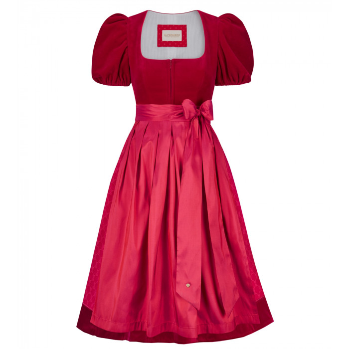 Alpenherz Samtdirndl Mona in Rot mit Puffarm – Freisteller Vorderseite– bei Dresscoded leihen