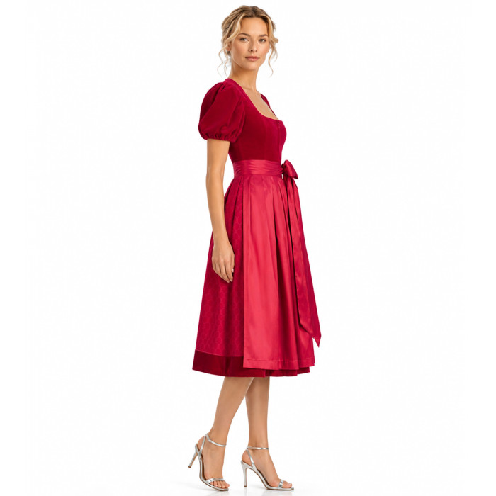 Alpenherz Samtdirndl Mona in Rot mit Puffarm – Freisteller Vorderseite– bei Dresscoded leihen