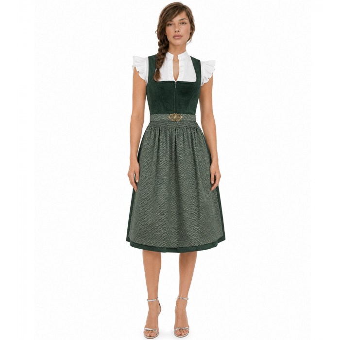 Krüger Dirndl Alisha in Grün Samtmieder mit gemusterter Schürze – jetzt bei Dresscoded leihen für Wiesn & Hochzeit.