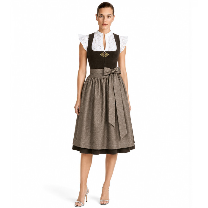 Krüger Dirndl Freisteller Cari braun Samtmieder mit gemusterter Schürze – jetzt bei Dresscoded leihen für Wiesn & Hochzeit.