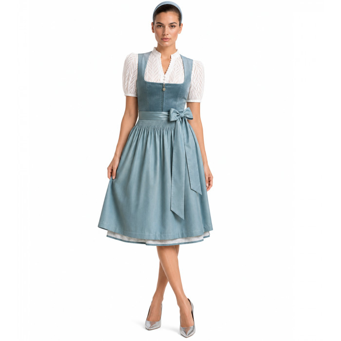 Krüger Samtdirndl Yalara in Blau mit gemusterter Schürze, Freisteller Vorderseite