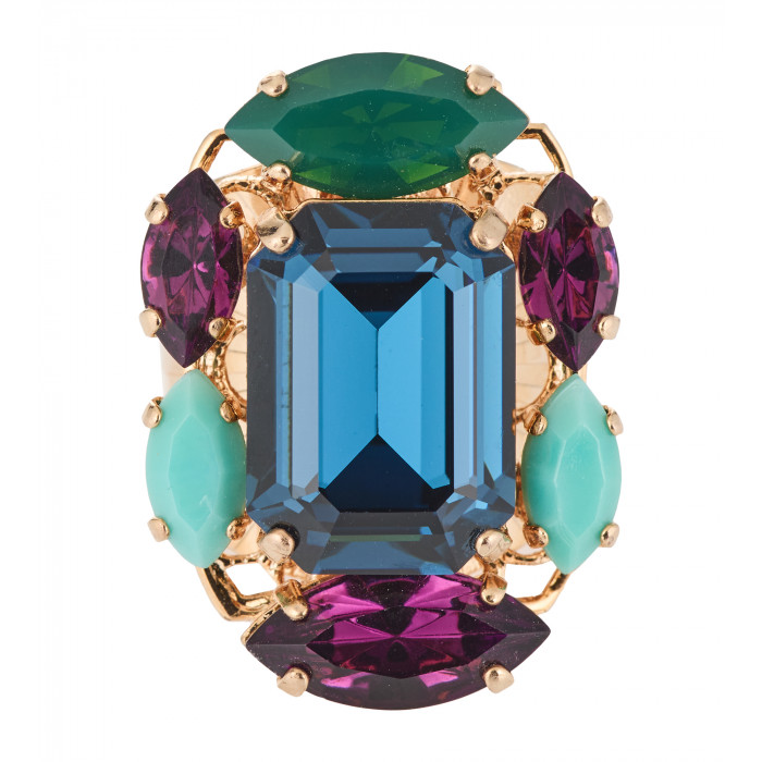 Frontansicht- Ring von Philippe Ferrandis mit großem blauem Zentralkristall und facettierten Multicolor-Kristallen.