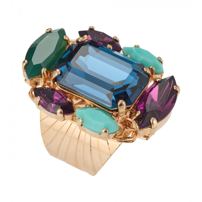 Frontansicht- Ring von Philippe Ferrandis mit großem blauem Zentralkristall und facettierten Multicolor-Kristallen.
