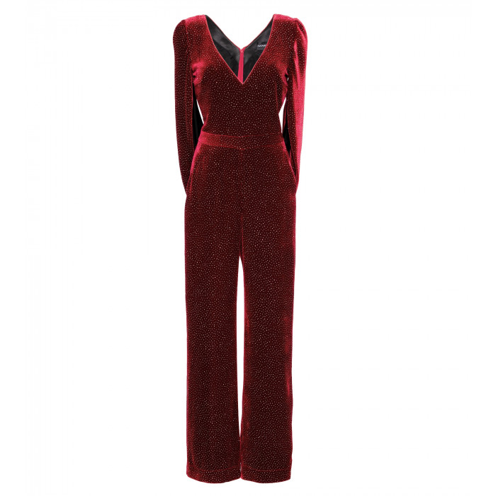 Jumpsuit aus rotem Samt mit Goldbesatz