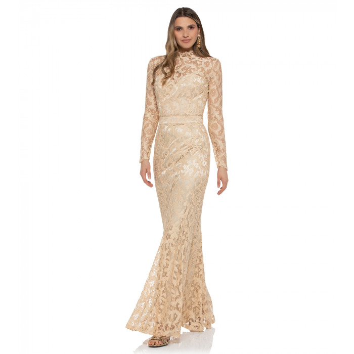 Spitzenkleid in Beige-Gold mit Stehkragen