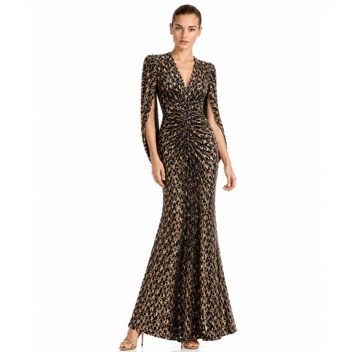 Freisteller vorne- Paillettenkleid Natascha Gruen mit tiefem V-Ausschnitt und eleganter Drapierung in Schwarz-Bronze