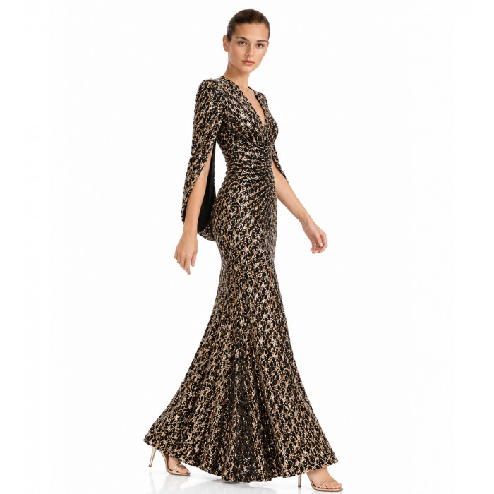 Freisteller vorne- Paillettenkleid Natascha Gruen mit tiefem V-Ausschnitt und eleganter Drapierung in Schwarz-Bronze