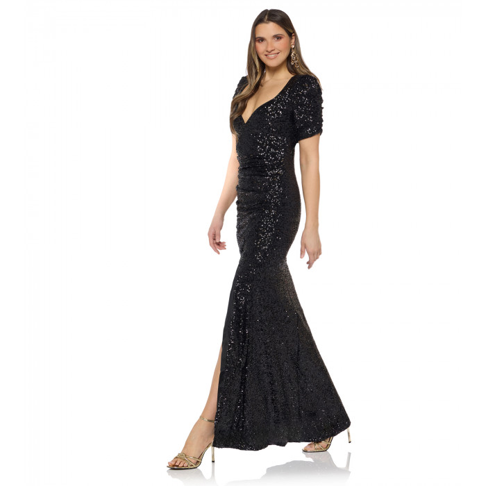 Freisteller-Schwarzes Paillettenkleid von Natascha Gruen mit Herz-Ausschnitt und hohem Schlitz