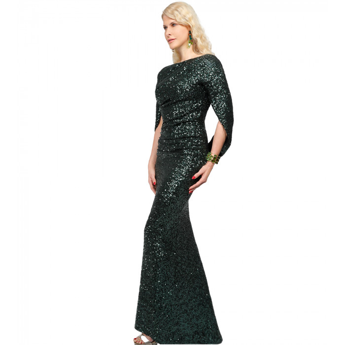 Vorderansicht des grünen Paillettenkleids mit fließender Drapierung von Natascha Gruen