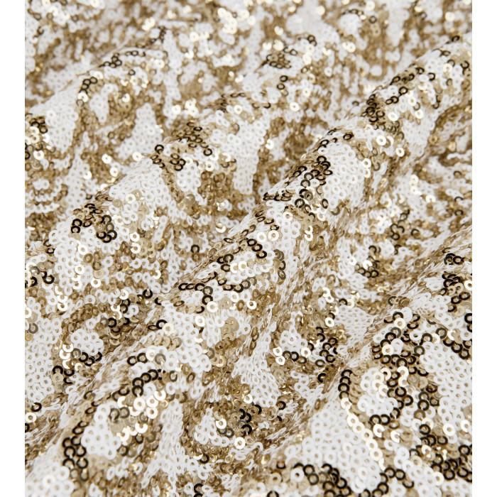 Vorderansicht Freisteller: Champagner-Gold Pailletten-Jumpsuit von Natascha Gruen mit elegantem Neckholder-Abschluss.